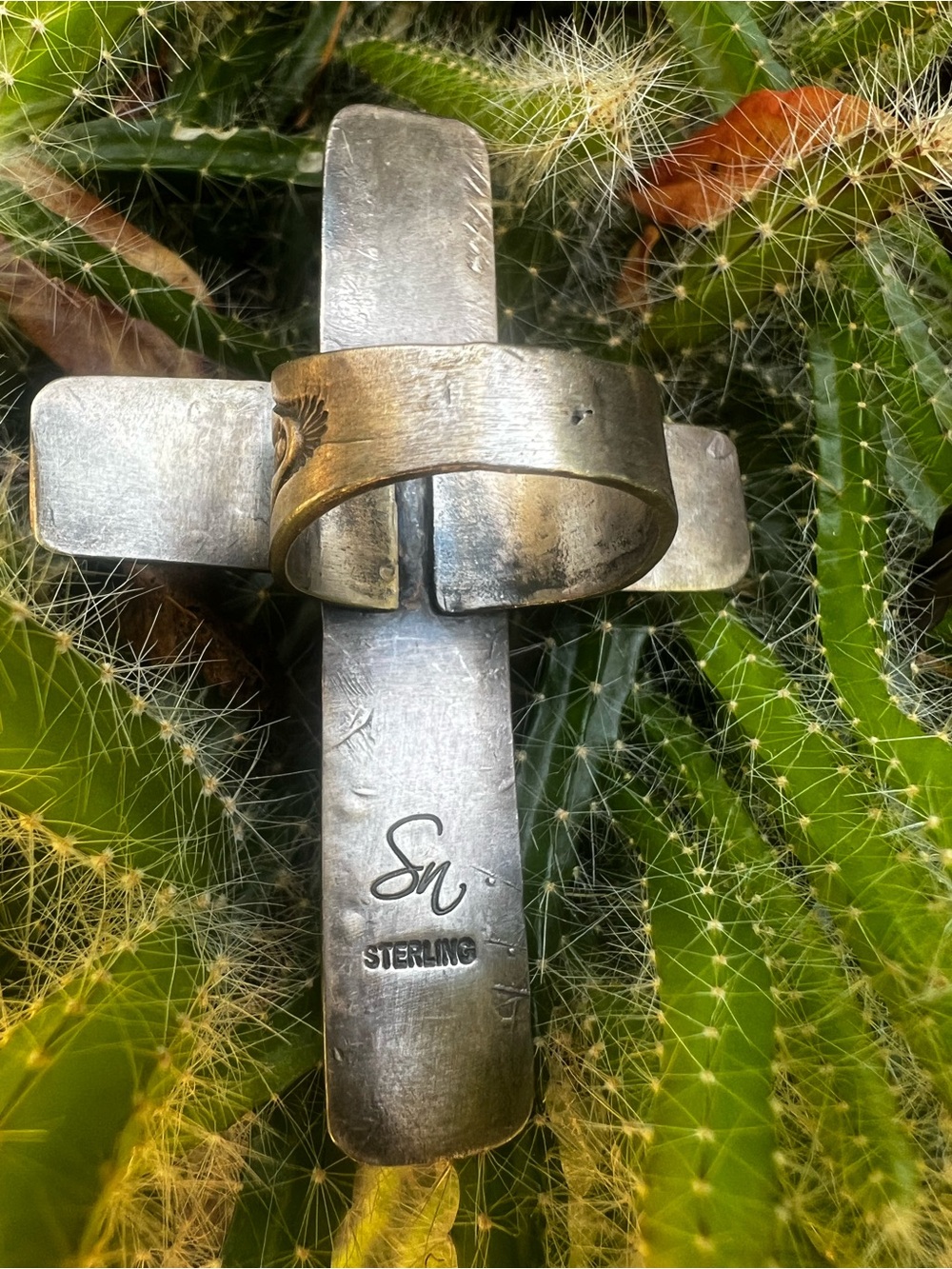 Sandra Nez Navajo Kingman Turquoise Sterling Silver Cross Ring Size 10 - Picture 3 of 15